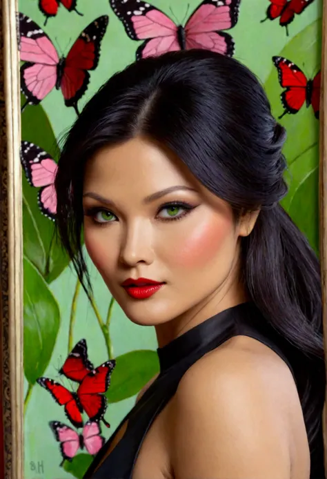 8k, solo, beautiful girl (Kelly Hu), black cat, makeup, blush, lipstick, red lips, portrait, realistic, green eyes, looking at viewer, painting, butterflies,