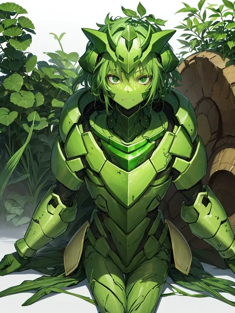 A chimera ant-like human wrapped in green armor,Skin color is green,Broccoli growing from head,The face is green,(juvenile),