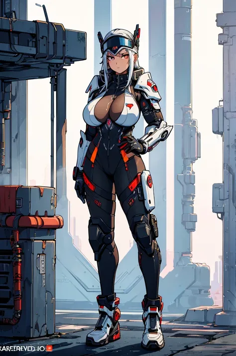 (masterpiece, best quality, high resolution, ((huge breasts)) 1 woman, white cyberpunk style full body military armor, cyberpunk style head covering visor, serious posture(, white background, stickers. Redmond), (( full body standing)),
