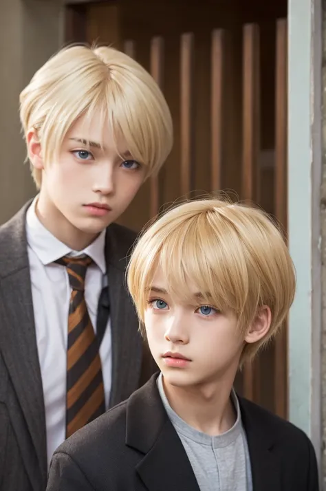 A boy with blond hair and half-up hairstyle、Orange eyes