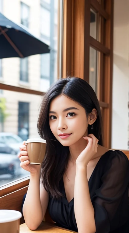 Please draw an elegant beautiful woman enjoying coffee in a cafe。She is wearing a simple dress、Has a relaxed look。Black Hair