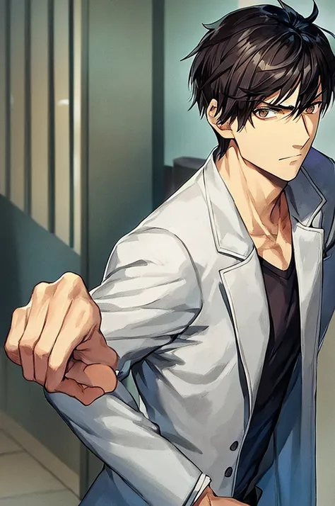 best quality, man, slim man, dark brown eyes, very short black hair, disheveled hair, beige detective jacket, white shirt tucked in, serious look, short hair, hands in jacket, looking forward.
