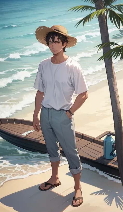 

Create an image of a serene beach at dawn with soft pastel hues in the sky, transitioning from pink to orange as the sun rises. A weathered  elf fisherman in his early 50s, with tanned skin, gray tousled hair, and a short beard, sits contentedly in a fad...