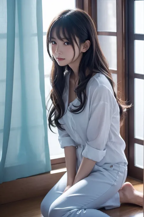 この画像の詳細promptは以下の通りです：

**prompt:**

Depicts a beautiful Japanese girl character sitting by the window。She has medium-long wavy hair、Has clean white skin。The background is a modern room illuminated with blue lighting.、The light from the window is soft.。The...