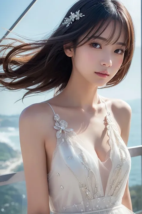 この画像の詳細なpromptは以下の通りです：

**prompt:**

A beautiful Japanese girl wearing a thin, sparkling dress、A scene surrounded by a fantastic background。背景には輝くCrystal and lightが散りばめられ、Creates a fantastic atmosphere。The beautiful girl&#39;s expression is calm、I&#39;m a...