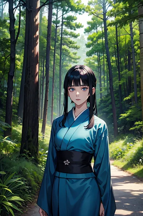 jujutsu kaisen screenshot of a woman with long straight black hair, with straight bangs, with slanted and small blue eyes, In a forest,with mature face, season 2, and with a kimono tsukesage suit