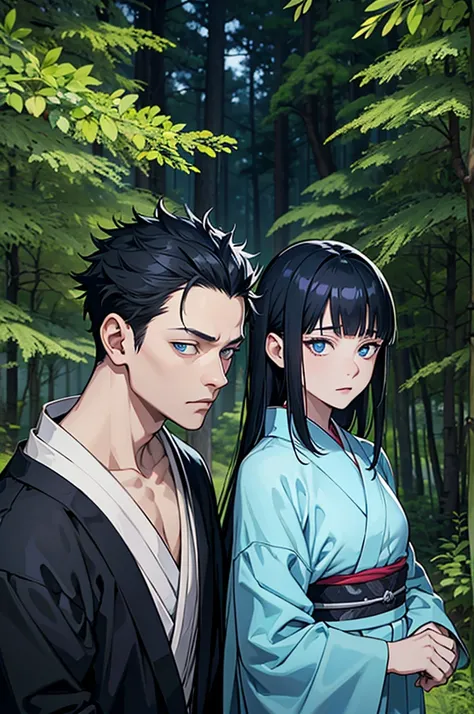 jujutsu kaisen screenshot of a woman with long straight black hair, with straight bangs, with slanted and small blue eyes, In a forest,with mature face, season 2, and with a kimono tsukesage suit