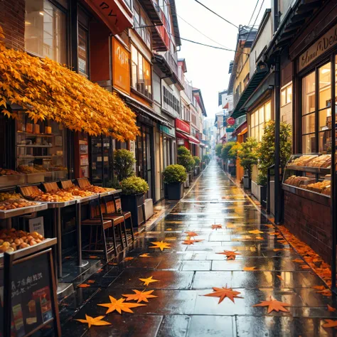 One street horizontally and one vertically in front of a bakery, a somewhat rainy climate, many trees with orange leaves lying on the ground, light and peaceful feeling.