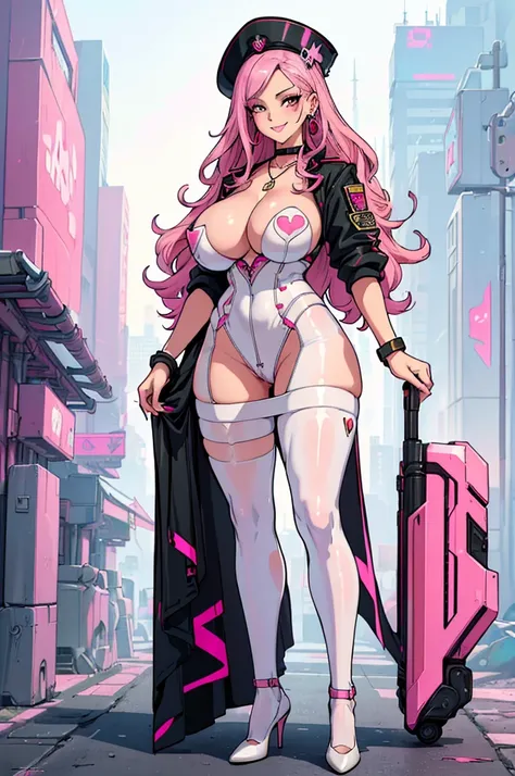 (masterpiece, best quality, high resolution, ((huge breasts)) 1 mature woman, very long wavy pink hair, pink lips, white military clothes, cyberpunk style, pantyhose, heels, necklace, bracelets, earrings, cyberpunk style military hat , smile ( white backgr...