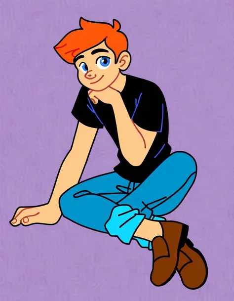 brooklyn_t_guy, solo, looking at viewer, short hair, blue eyes, simple background, shirt, 1boy, short sleeves, male focus, black shirt, orange small oval shaped mustache, orange hair, full body, semi dark skin, blue jeans, brown shoes,