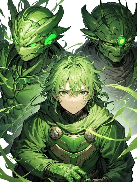 A chimera ant-like human wrapped in green armor,Skin color is green,Broccoli growing from head,The face is green,cyborg,Hunter x Hunter,(Image of 1 person),Character portrait,(Male images),