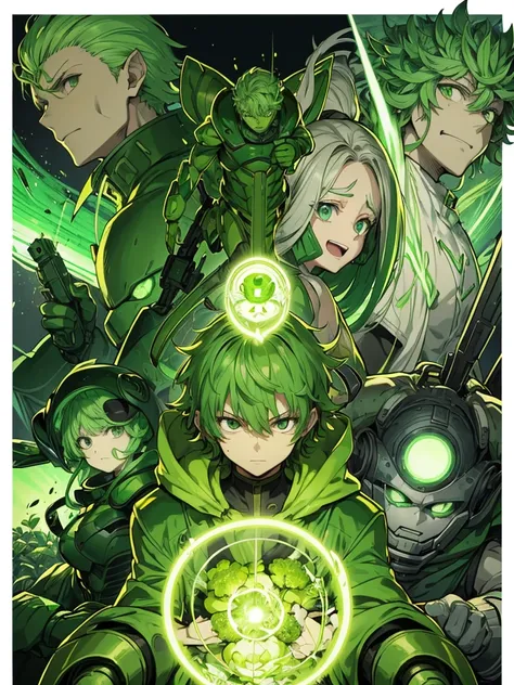 A chimera ant-like human wrapped in green armor,Skin color is green,Broccoli growing from head,The face is green,cyborg,Hunter x Hunter,(Image of 1 person),Character portrait,(Male images),