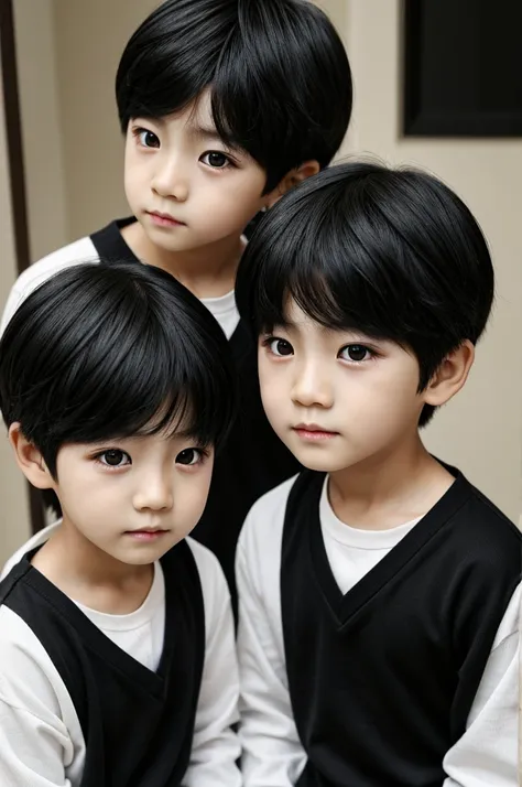 Korean twin boys 7 years old black eyes realistic black hair 