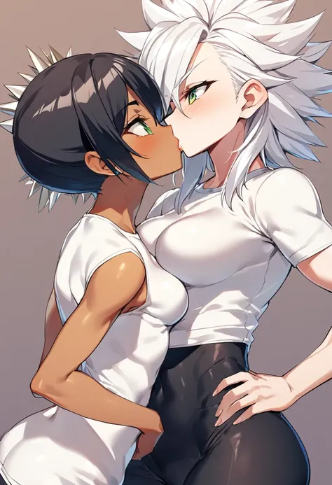 a girl, Saiyan, spiky white hair, green eyes, defined muscles, thin waist, wide hips, dark skin, medium breasts, tight clothes, white t-shirt, black pants, kissing, two girls kissing, the girls kiss

another girl, hair, tight and feminine clothes, kissing