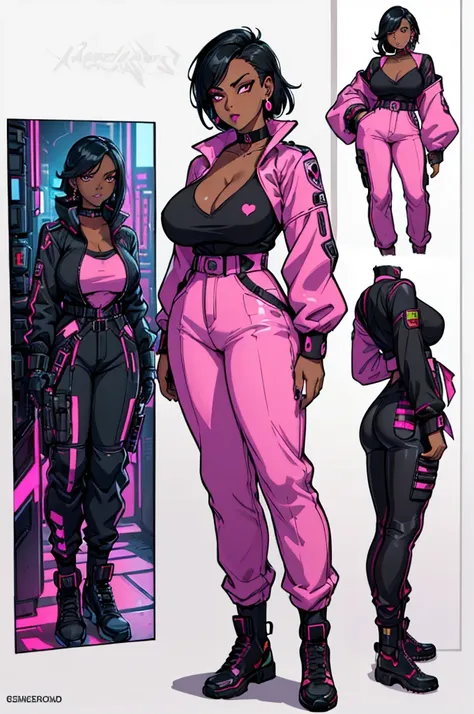 (masterpiece, best quality, high resolution, ((huge breasts))1 mature woman, very short cyberpunk style black hair, ((dark skin)), pink lips, cyberpunk style long sleeve blouse, neckline, cyberpunk style pants, choker ,bracelets,earrings, ( white backgroun...