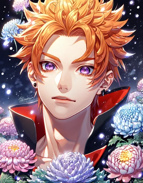 absurdres, highres, ultra detailed, HDR, master piece, best quality, extremely detailed, Pein, orange hair, expressive purple eyes, Naruto Shippuden, solo, sexy man, handsome, black piercings, black coat, Akatsuki, fantasy, sparkling, ice glittering firefl...