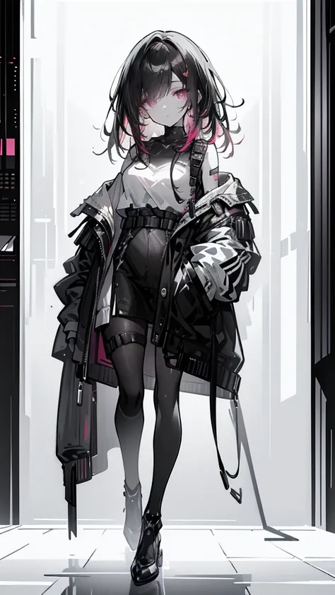 1 redheaded girl, pink eyes, cyberpunk, hand in pocket, white heels, detailed face, beautiful detailed eyes, beautiful detailed ...