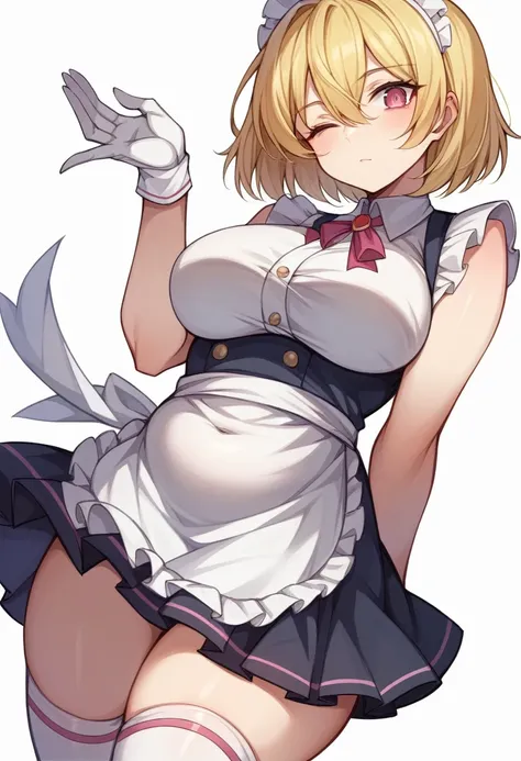 (One girl)、(bob cut)、((Blonde))、(sidelock)、（Sato Air）、(slan eyes)、（boyish）、cute、(Big super breasts)、Chubby、Maid clothes、No sleeve、mini skirt、White sleeveless、thigh-high socks thighhighs、(long gloves)、hairs between eyes、(coarse hair)、[flipped hair]、pink eye...