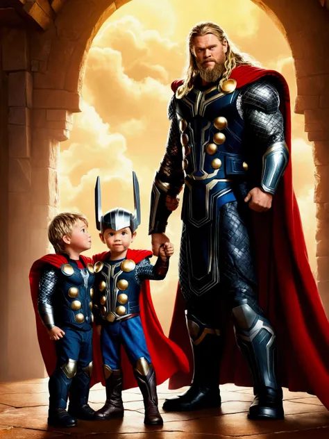 Comando: Description: Make a Boy Features: He is 4 years old Scenario: Type Disney Action Drawing: Hes with his father, your father is dressed as Thor. 品質: pixar, ultra realisitic, Disney
