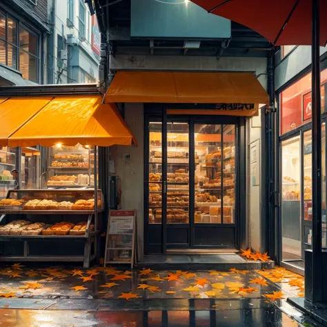 In front of a bakery, a somewhat rainy climate, many trees with orange leaves lying on the ground, feeling sadness.