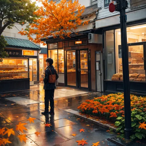 In front of a bakery, a somewhat rainy climate, many trees with orange leaves lying on the ground, feeling sadness.