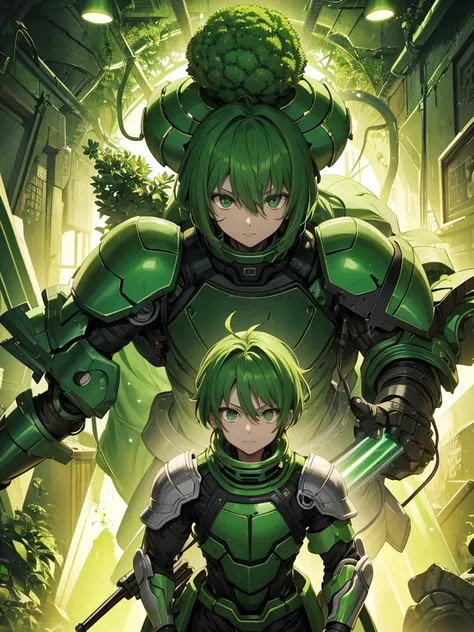 A chimera ant-like human wrapped in green armor,Skin color is green,Broccoli growing from head,The face is green,cyborg,Hunter x Hunter,(Image of 1 person),Male images),