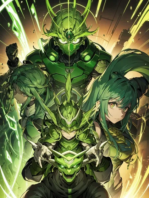 A chimera ant-like human wrapped in green armor,Skin color is green,Broccoli growing from head,The face is green,cyborg,Hunter x Hunter,(Image of 1 person),Male images),