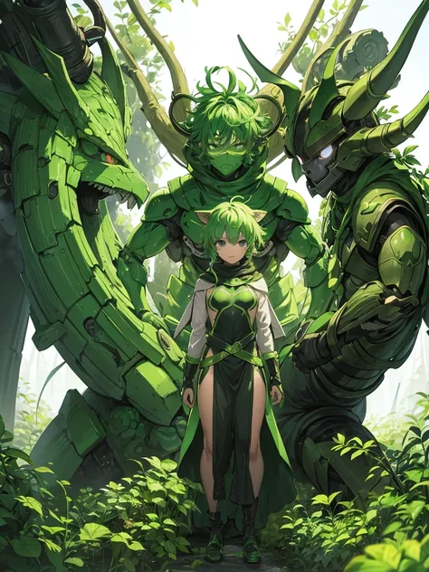 A chimera ant-like human wrapped in green armor,Skin color is green,Broccoli growing from head,The face is green,cyborg,Hunter x Hunter,(Image of 1 person),Male images),