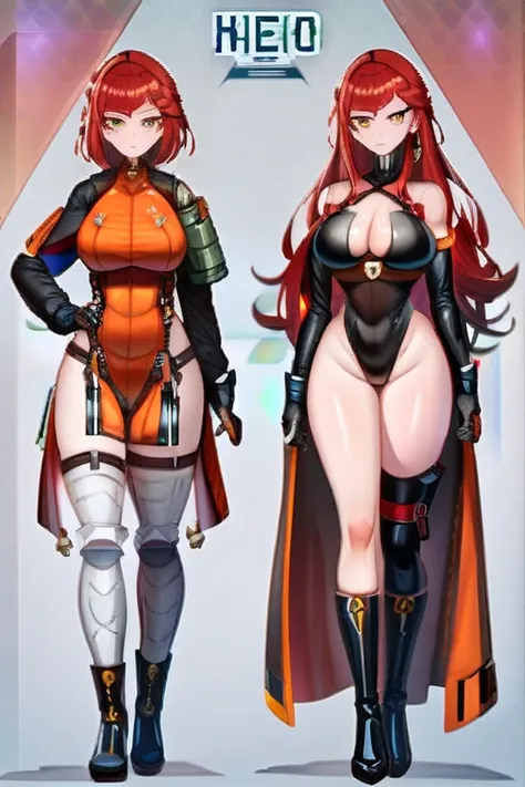 girl red hair cargo hourglass body big breasts, bodysuit clothing with hero style harness