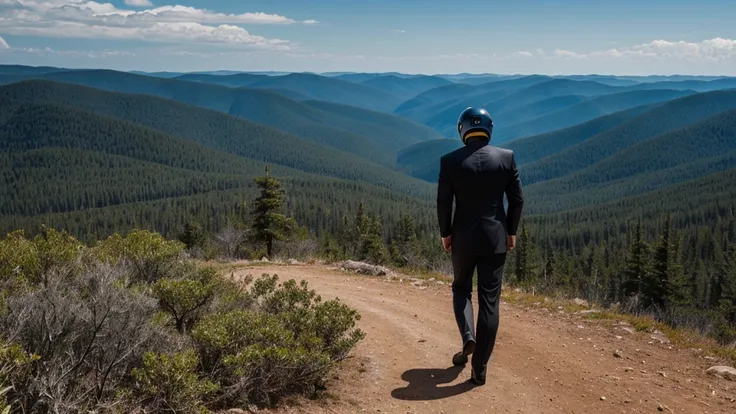 a luxury sales suit man wearing a black rider full-face helmet overlooking wilderness,full body,standard rider black full face h...