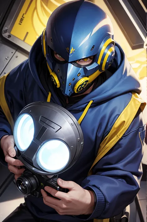 Blue and yellow eyes, camera in hand, mask on chin, hoodie on, thick hoodie, male, fair skin.