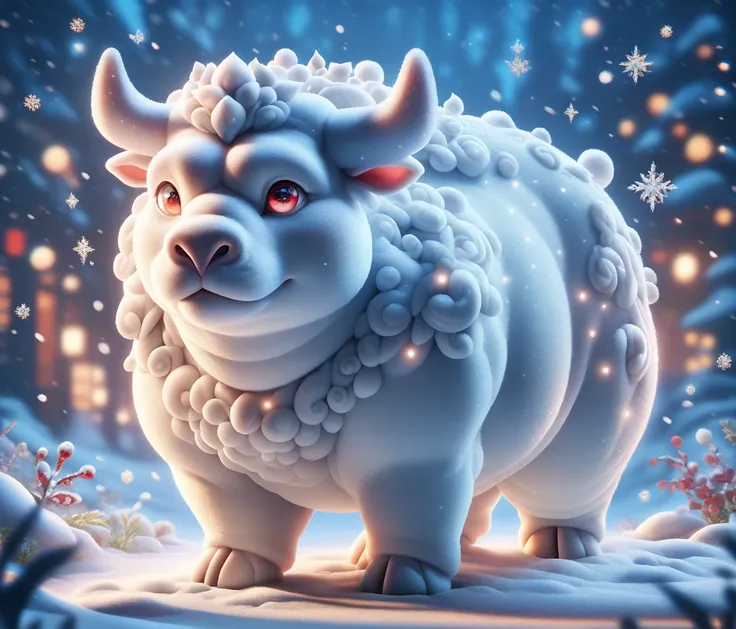 (chubby male bull cub), fullbody, SnowStyle, luminiscent red eyes, high quality fantasy art of a beautiful adorable made of snow, adorable, magical oasis, fantasy, night time, moonlight, magical, extremely detailed, beautiful,whimsical, high resolution ima...