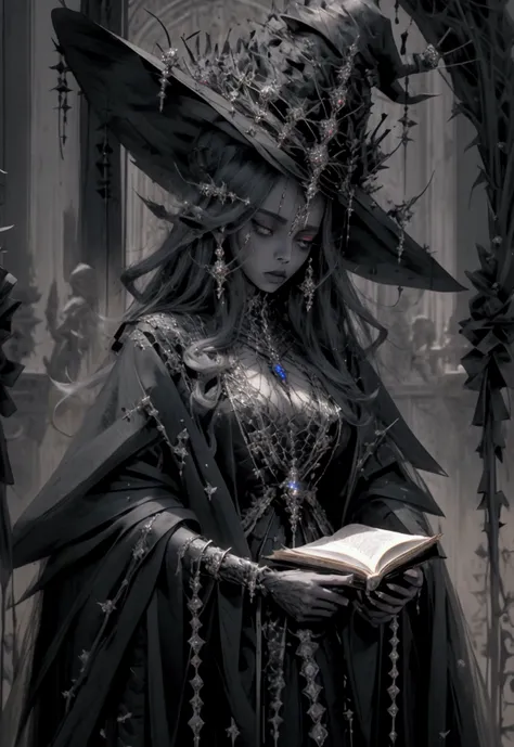 beautiful witch queen in gothic warrior costume and with crown. inside a coven practicing black magic with a book of dark magic ...