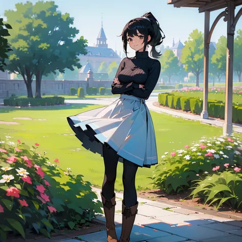 (high quality, High resolution, Very detailed, reality:1.37), Peaceful atmosphere, (Outdoor, garden), Teenage girl standing alone, (my breasts are big.), Beautiful details, Cute Smile, (Black hair ponytail), Ribbed sweater, Blue Skirt, Black tights, Brown ...