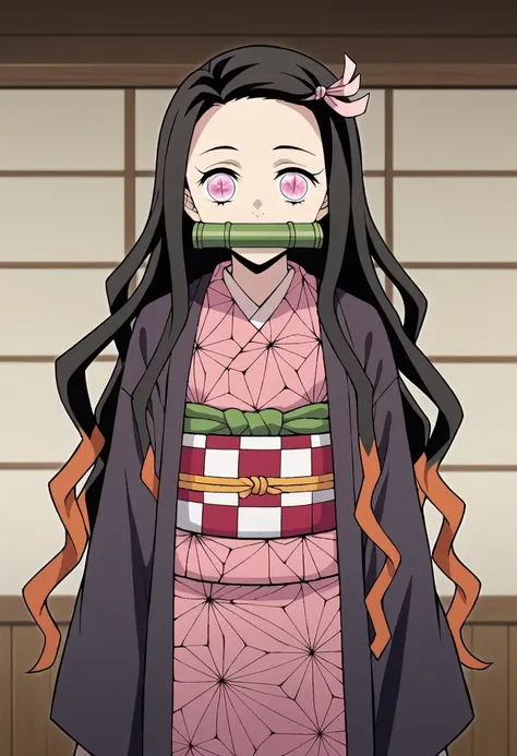 nezukokamado, nezuko kamado, bamboo, (bit gag:1.5), black hair, (forehead:1.5), gag, gagged, hair ribbon, long hair, multicolore...