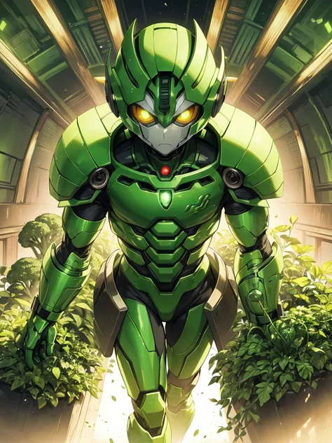 A chimera ant-like human wrapped in green armor,Skin color is green,Broccoli growing from head,The face is green,cyborg,Hunter x Hunter,(Image of 1 person),Male images),Kamen Rider,