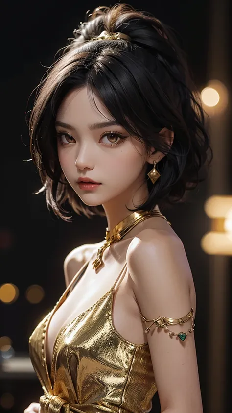 masterful pose, short straight black hair, gold eyes, dress, rosa, tribe