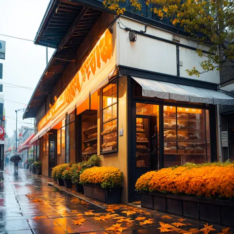 In front of a bakery, a somewhat rainy climate, many trees with orange leaves lying on the ground, a city with an orange appearance, Feeling of peace.