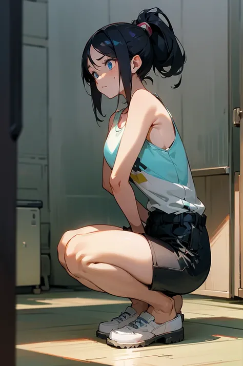 An anime-inspired illustration of a young woman with a distressed expression, squatting on a weight scale in a simple, clean room. She has medium-length hair tied back in a ponytail and is wearing a tank top and shorts. The scale is positioned under her fe...