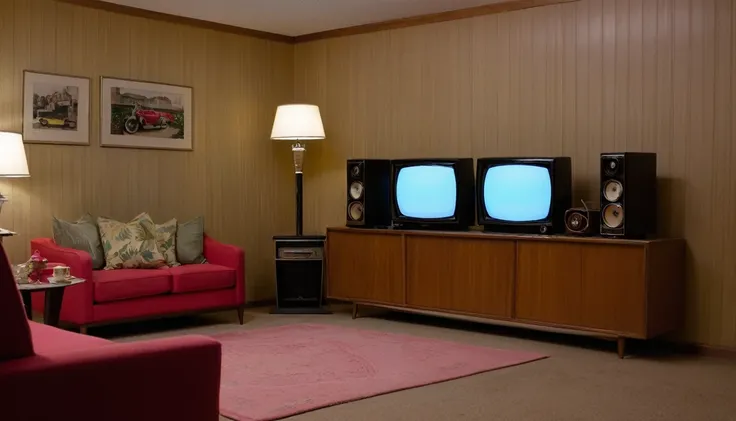 Living room with several TVs( 50s, 60&#39;s, 70s, 80’s, 90s, Anos 2000)