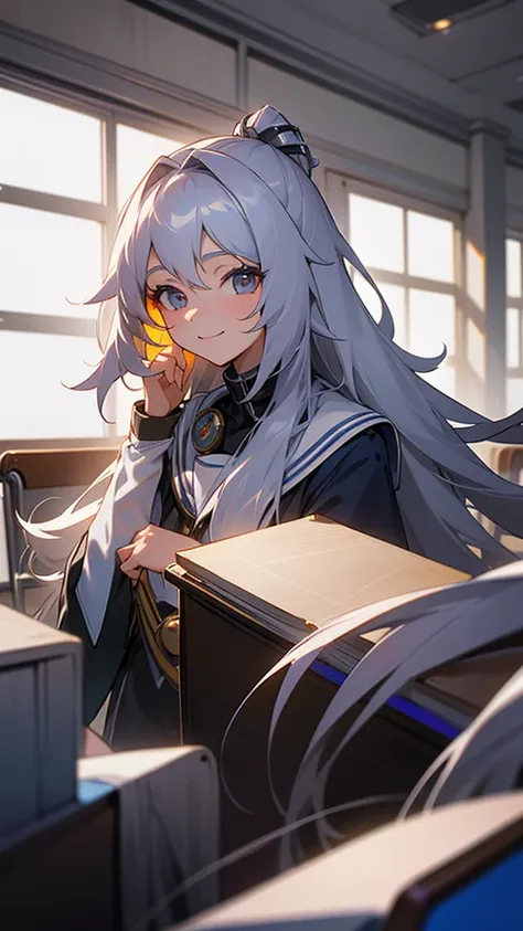 An 18-year-old girl with long silver hair and a ，light  smile，Upper body display，inside a classroom，grand master，tmasterpiece，8k wallpaper，CG，Ultra-high image quality