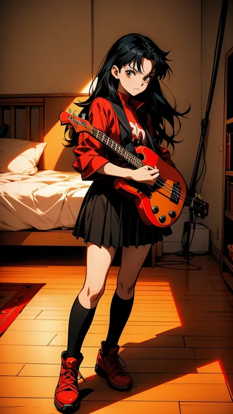 Black-haired anime girl playing a red guitar in her room, satoshi kon artstyle, Tohsaka Rin, :14 FLCL + Akira, bassist, Gweiz-style artwork, Kashert Kenz, Inspired by Satoshi Kon, style of satoshi kon, guitarist, By Yoshihiko Wada, Burning