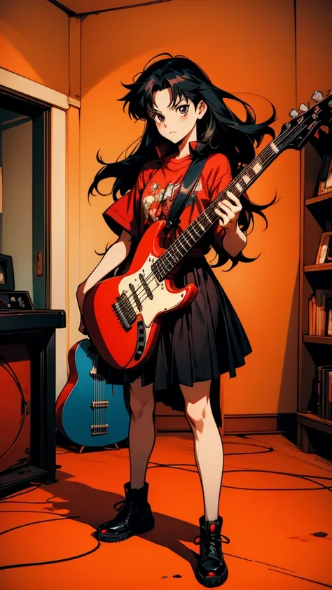 Black-haired anime girl playing a red guitar in her room, satoshi kon artstyle, Tohsaka Rin, :14 FLCL + Akira, bassist, Gweiz-style artwork, Kashert Kenz, Inspired by Satoshi Kon, style of satoshi kon, guitarist, By Yoshihiko Wada, Burning