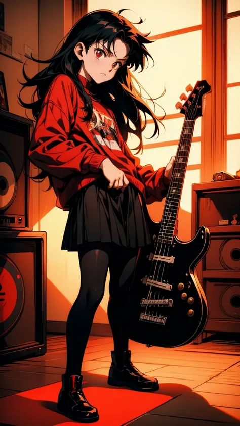 Black-haired anime girl playing a red guitar in her room, satoshi kon artstyle, Tohsaka Rin, :14 FLCL + Akira, bassist, Gweiz-style artwork, Kashert Kenz, Inspired by Satoshi Kon, style of satoshi kon, guitarist, By Yoshihiko Wada, Burning