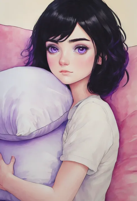 Black hair teenager, violet eyes and white skin shyly hugging a pillow.