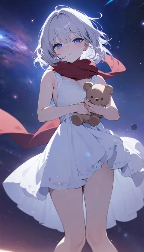 (((masterpiece))), (((best quality))),(((high detail))),light manipulation, girl with long silver hair, gradient purple to sky blue eyes, wearing a white dress, a red scarf, galaxy background, holding a teddy bear, feet, no footwear