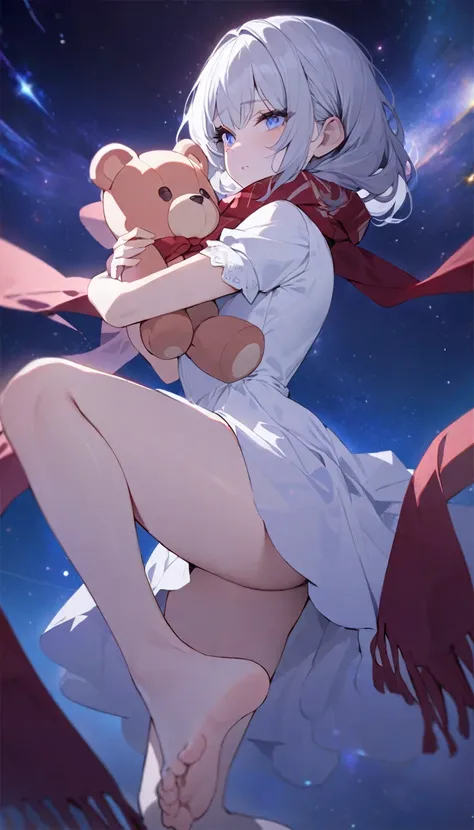 (((masterpiece))), (((best quality))),(((high detail))),light manipulation, girl with long silver hair, gradient purple to sky blue eyes, wearing a white dress, a red scarf, galaxy background, holding a teddy bear, feet, no footwear