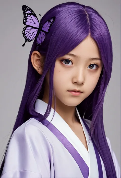 Hikari Hyuga, a 12 year old girl with long hair in a butterfly cut, purple hair not very dark but with light, white eyes, dressed as a ninja, elegant yet functional outfit, clear skin, light freckles, wavy hair with naruto style clothes