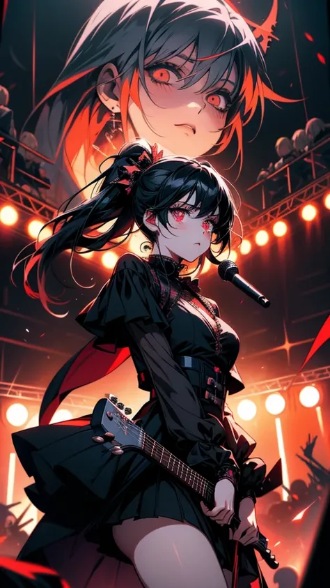 Anime girl with guitar and microphone in front of a crowd, Nightcore, Satanic atmosphere, Burning, Rorish, Gap Moe Yandere Grimdark, emo anime girl, Gothic Maiden Anime Girl, everyone, Goscoax, Art for Dark Metal Music, Inspired by Len Bonian, Anime girl i...