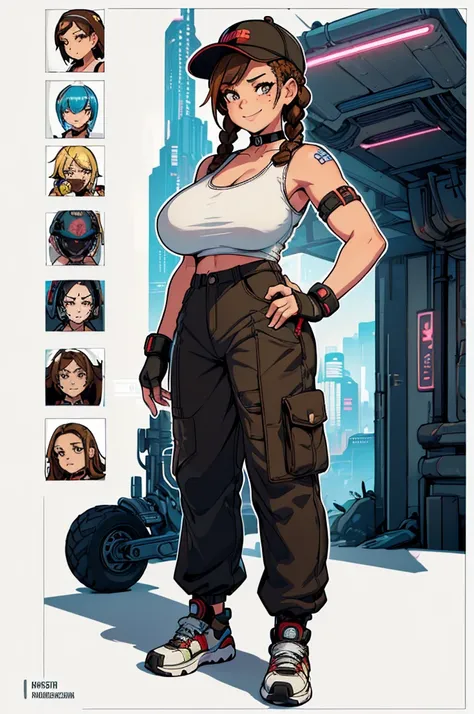 (masterpiece, best quality, high resolution, ((huge breasts)) girl, brown hair tied in 2 wide braids, freckles, tank top with straps, wide cyberpunk style mechanic pants, cyberpunk style sneakers, choker, style hat, cyberpunk, fingerless gloves, smile,( wh...